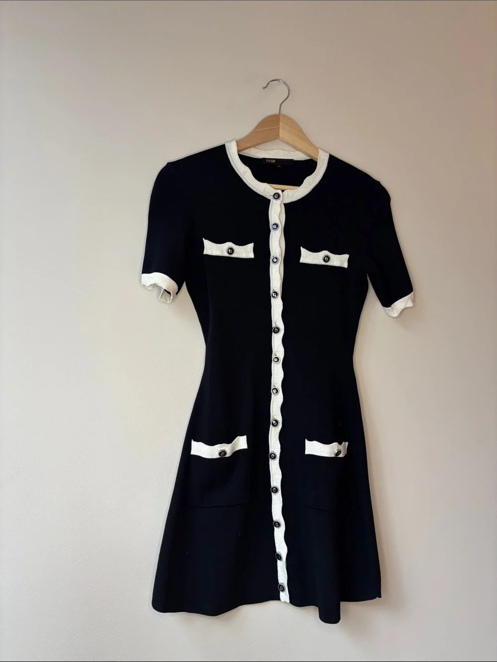 Maje Black Mini Dress with White Contrast Trim